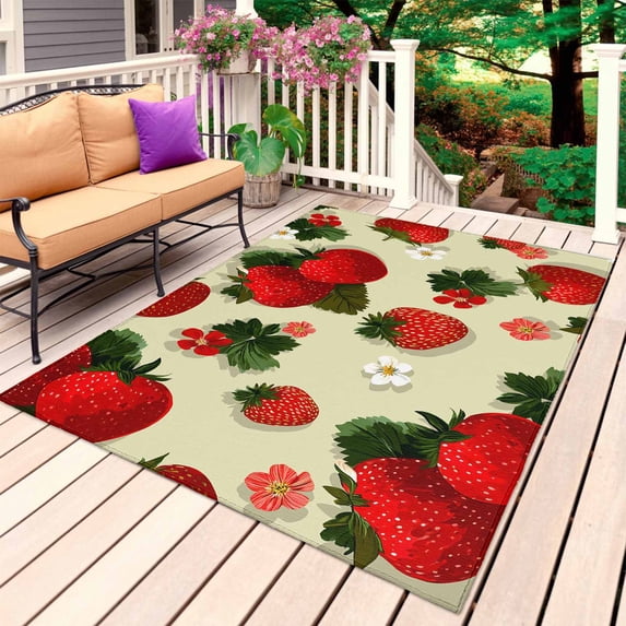 Beige Red Strawberry Outdoor Rug 5x8 Ft, Non Slip Washable Area Rug, Spring Floral Watercolor Summer Botanical Patio Rugs Carpet Runner, Large Floor Mat for Indoor/Outdoor Deck Porch Camping