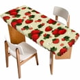 thumbnail image 1 of Beige Red Strawberry Table Cloths for 8 Foot Rectangle Tables, Spring Floral Watercolor Summer Botanical Patio Waterproof Elastic Fitted Tablecloths, Washable Rectangular Table Cover for Camping, 1 of 8