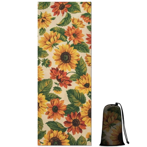 Beige Red Sunflower Pattern Hot Yoga Mat Towel Non Slip for Hot Yoga - Quick-Drying Yoga Mat Cover with 4 Corner Pockets with Travel Bag - Hot Yoga Towel Non Slip 74"x26"
