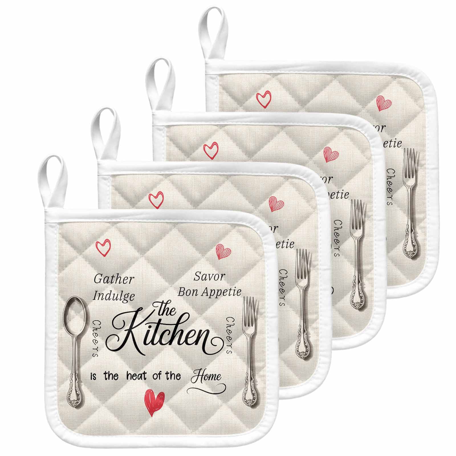 Beige Retro Art Pot Holders for Kitchen Heatproof Potholder, 4 Pack Spoon Fork Vintage Farmhouse Rustic Hot Pads Multipurpose Oven Pads Cloth Potholders Trivet for Cooking and Baking
