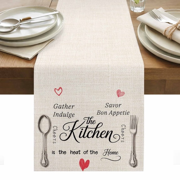 Beige Retro Art Table Runner - 120 Inch Long, Kitchen Dining Table Runner Dresser Scarves, Spoon Fork Vintage Farmhouse Rustic Farmhouse Decor for Coffee Tables Wedding Party Banquet