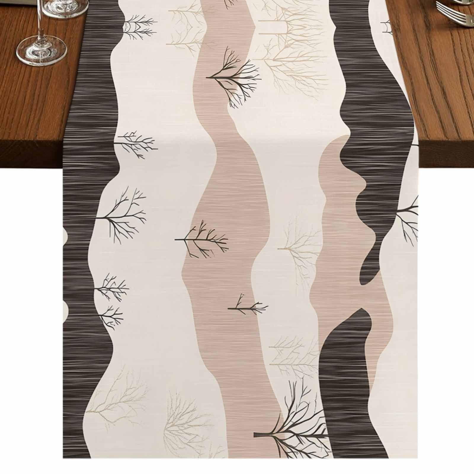 Beige Retro Landscape 60 Inch Table Runner, Modern Abstract Bare Trees ...