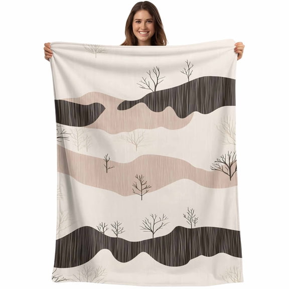 Beige Retro Landscape Blanket Soft Cozy Warm Throw Blanket for Couch, Plush Fuzzy Flannel Fleece Blankets for Sofa, Modern Abstract Bare Trees Bed Blankets Lightweight Gifts for Women, 30"x40"