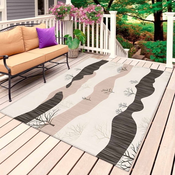 Beige Retro Landscape Outdoor Rug 3x5 Ft, Non Slip Washable Area Rug, Modern Abstract Bare Trees Patio Rugs Carpet Runner, Large Floor Mat for Indoor/Outdoor Deck Porch Camping