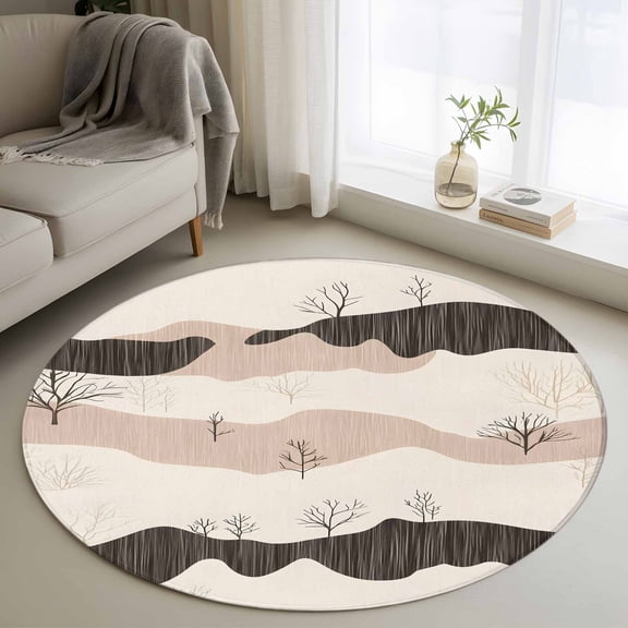 Beige Retro Landscape Round Rug 3ft Washable Circle Entryway Rugs Non Slip Modern Abstract Bare Trees Area Rug Indoor Floor Carpet for Bedroom Kitchen Living Room Home Office Dining Room Nursery