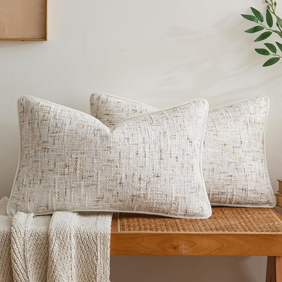 Beige Reversible Pillow Covers 2 Pack - Farmhouse Chenille Throw Pillows, Neutral Textured Decorative Throw Pillow Covers with Border for Couch Sofa Bed (12x20 Inch, No Insert)
