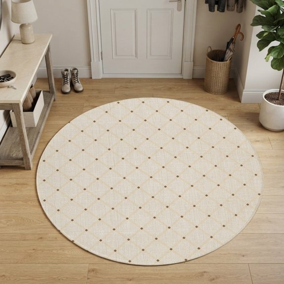 Beige Rhombus Round Area Rug 4Ft Washable Circle Rugs for Bedroom Dining Room, Modern Geometric Farmhouse Plaid Non-Slip Carpet Floor Mats Indoor Outdoor Carpet Runner Aesthetic Home Decor