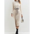 thumbnail image 1 of Beige Ribbed Knit Turtleneck Midi Dress with Black Trim and Belt, 1 of 5