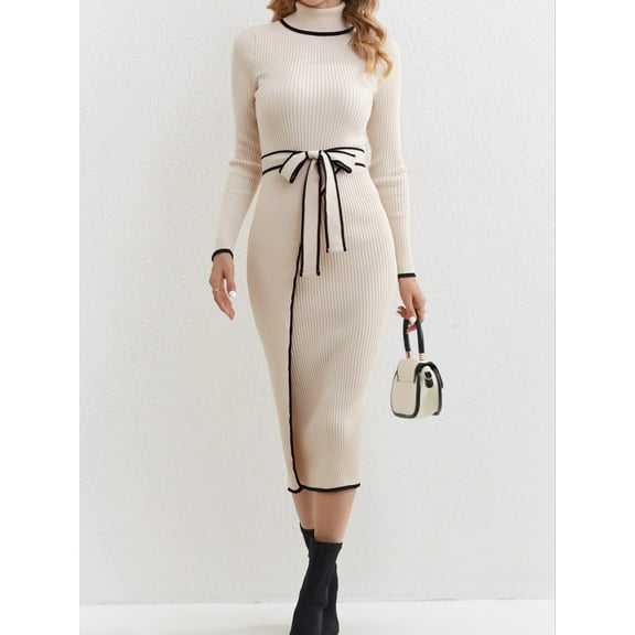 Beige Ribbed Knit Turtleneck Midi Dress with Black Trim and Belt