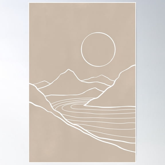 Beige River Mountain And Sun Poster Wall Art, Modern Wall Decor For Living Room Bedroom, 8x12 UNFRAMED