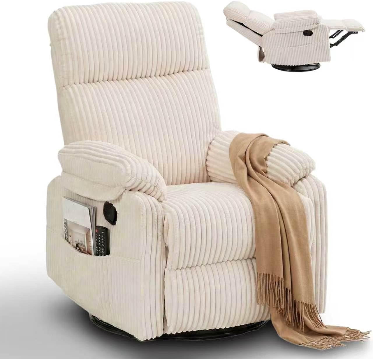 Beige Rocking Chair Nursery Recliners, Small Recliner Rocking Chair for Small Spaces, Manual Swivel Glider Recliner for Living Room Bedroom Office, Corduroy，Adjustable Backrest & Footrest (Beige)