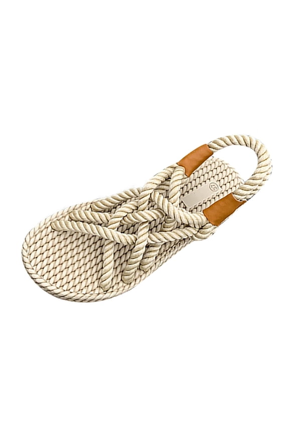 Beige Rope Braided Sandals For Women Round Toe Open Toe Flat Sole Comfortable Breathable Design Casual Summer Wear Nylon Spandex Material