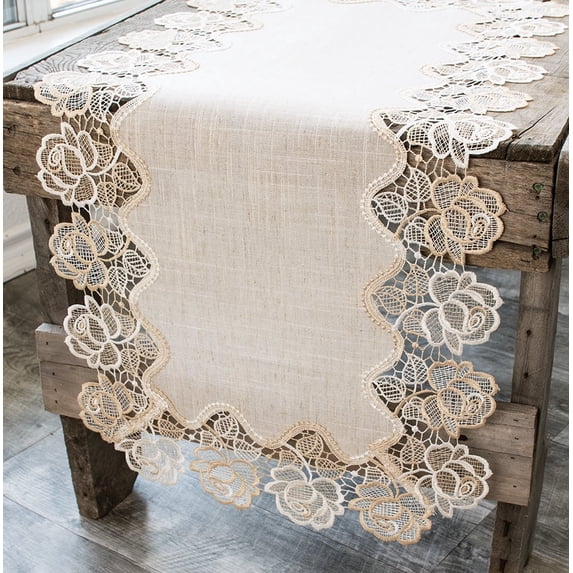 Beige Rose Lace Table Runner (15"x35")