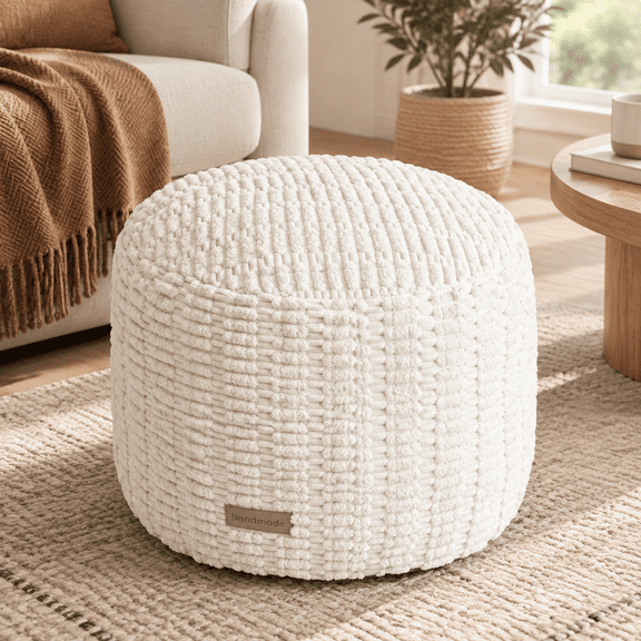 Beige Round 20"D x 20"W x 15"H Foam Filled Pouf Ottoman Foot Rest
