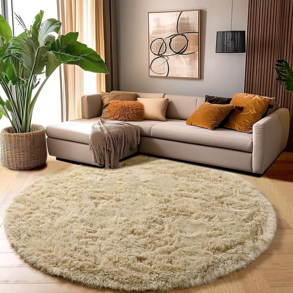 Beige Round Area Rug 4 Ft, Fluffy Shaggy Polyester Circle Rug with Memory Foam Layer and Rubber Backing, Soft Indoor Accent Rug for Bedroom, Living Room, Dorm and Reading Nook, 1 Piece