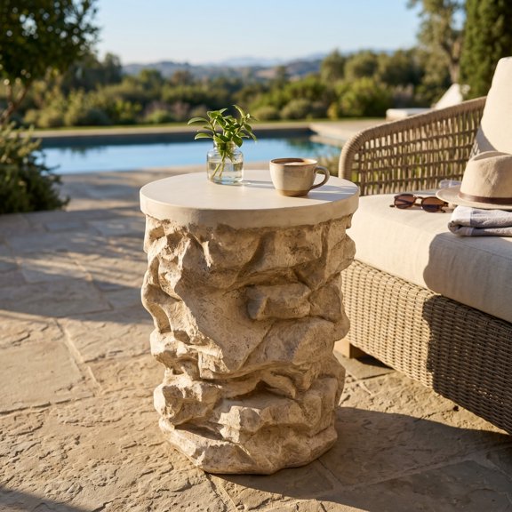 Beige Round Faux Stacked Stone MGO Side Table, Pre-Assembled Non-KD Accent End Table, 80 LBS Weight Capacity, Indoor & Outdoor Rustic Stone Stool Table for Patio Living Room