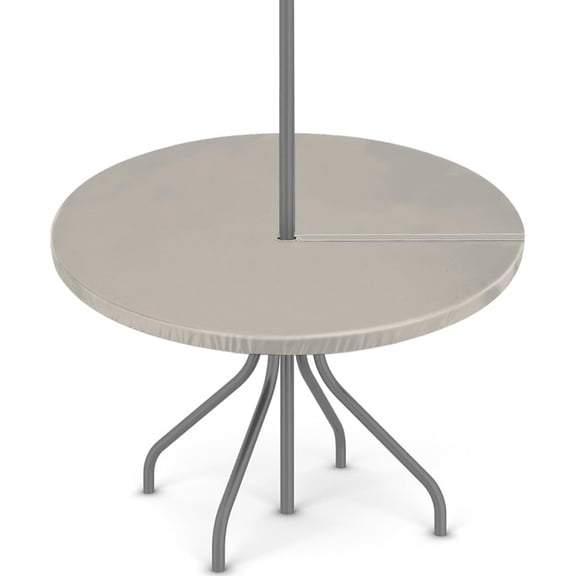 Beige Round Fitted Outdoor Tablecloth with Umbrella Hole and Zipper, Waterproof Elastic Table Cloths, Table Cover for Patio Picnic, 36"-44"