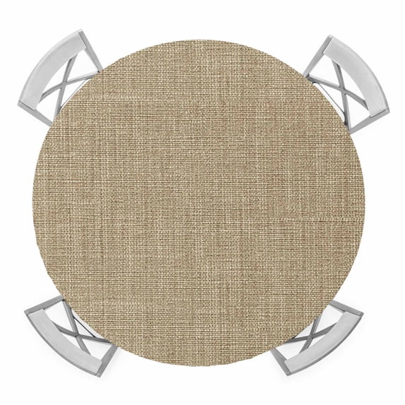 Beige Round Fitted Tablecloth with Elastic Edge, Waterproof Table Cloth Table Cover for 45"-54" Tables, Farmhouse Burlap Solid Brown Color Modern Linen Texture Tablecloths for Dining Picnic Outdoor