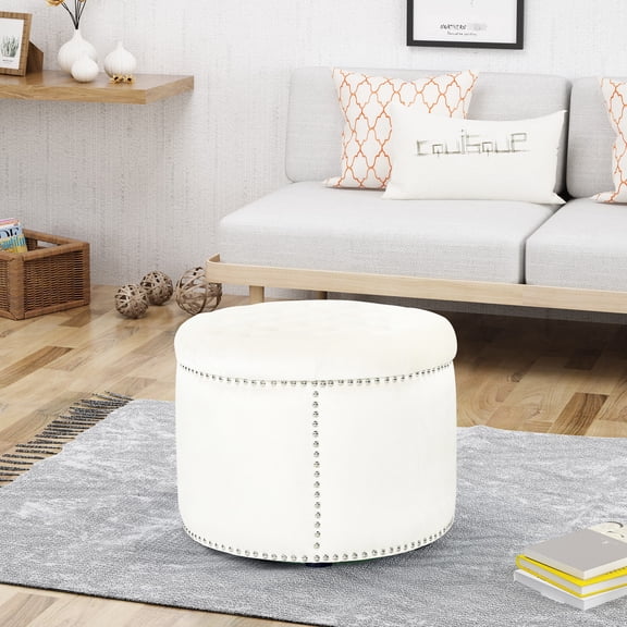 Beige Round Footstool Ottoman | Used for Home Entertaining and Foot Rest | Soft Velvet on Stable Base | Solves Issue of Boring Furniture Decor