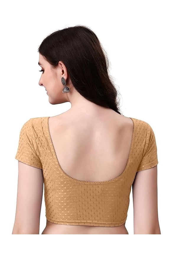 Beige Round Neck Dobby Cotton Stretchable Short Sleeve Readymade Saree Blouse, Stylish Comfortable Ethnic Wear