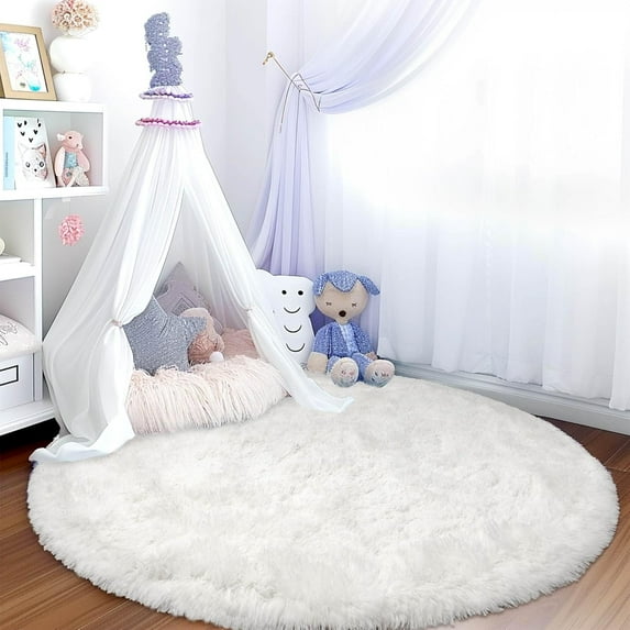 Beige Round Rugs,4 ft Fluffy Shag Area Rug for Kids Baby Bedroom,Soft Circle Plush Rugs for Living Room,Non-Slip Indoor Carpet for Nursery,Study Room,Dressing Room,Home Decor