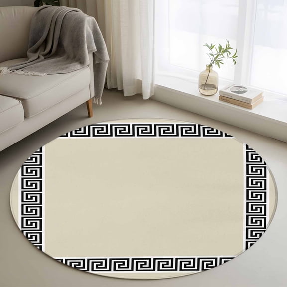 Beige Round Rugs for Living Room 4ft Greek Chinese Style Border Geometric Non Slip Circle Rug Washable Low-Profile Indoor Carpet for Bedroom, Dining Room, Bathroom