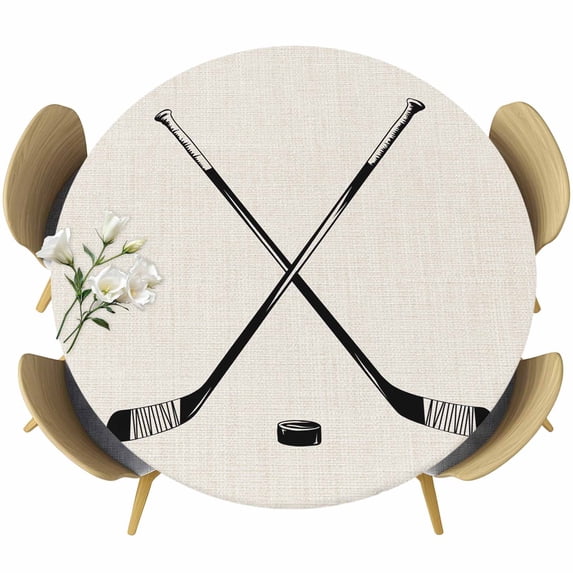 Beige Round Tablecloth, Fitted Table Cover with Elastic for 55"-60" Round Tables, Simple Gradient Ice Hockey Funny Sport Game Art Table Cloth Outdoor Indoor Dinning Party Waterproof Tablecloths