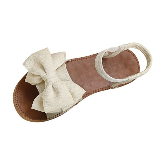 Beige Round Toe Bow Sandals For Women Open Toe Elastic Back Flat Heel Comfortable Casual