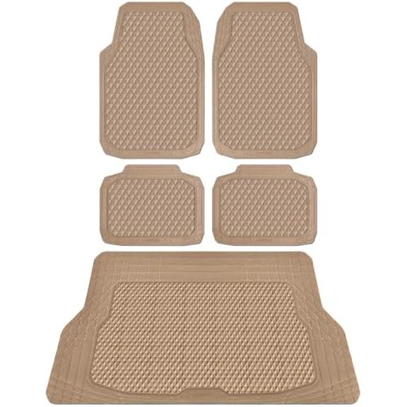Beige Rubber Car Floor Mats & Cargo Liners, Durable Anti-Slip 3D Rhombus Waterproof Automotive Pad Trim Fit Liner All-Weather Trunk Mats Full Set Universal Fit Auto Van Sedan SUV Truck Beige