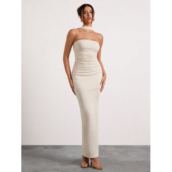 Beige Ruched Halterneck Strapless Maxi Dress For Evening Formal Occasion