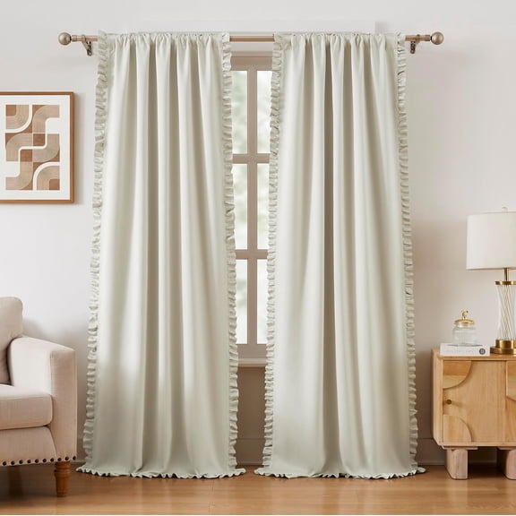 Beige Ruffle 80% Blackout Christmas Curtains 90 inch Long Rod Pocket Privacy with Soft Light Filtering French Country Flowy Drapes for Living Room Farmhouse Bedroom, 2 Panels, 40Wx90L