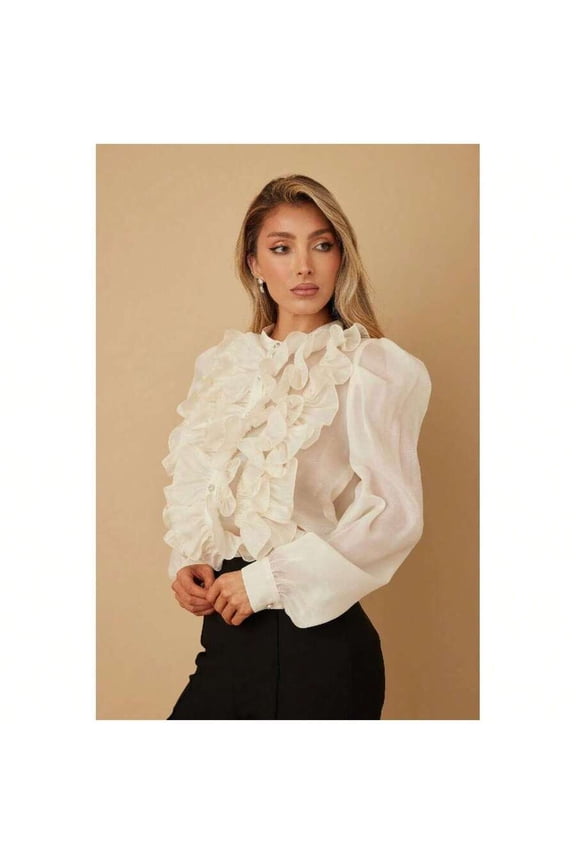 Beige Ruffle Micro Crystal Long Sleeve Blouse With Sheer Overlay