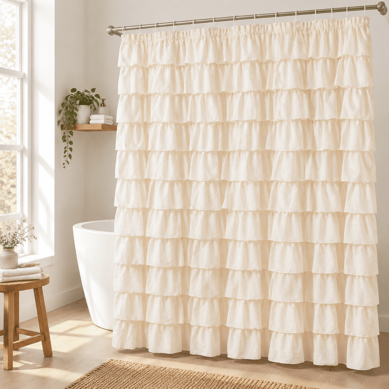 Beige Ruffle Shower Curtain For Bathroom 72x84 Inch Elegant Ruffled ...