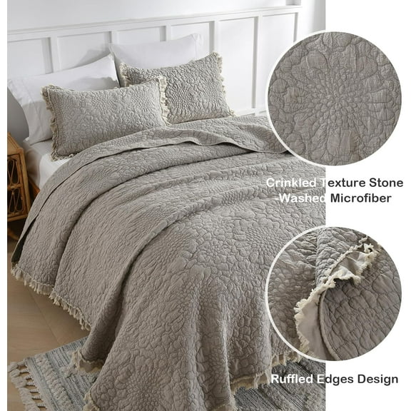 Beige Ruffled Quilt King Size, Stone-Washed Microfiber Lightweight Crinkled Farmhouse Rustic Shabby Chic Bedding Set