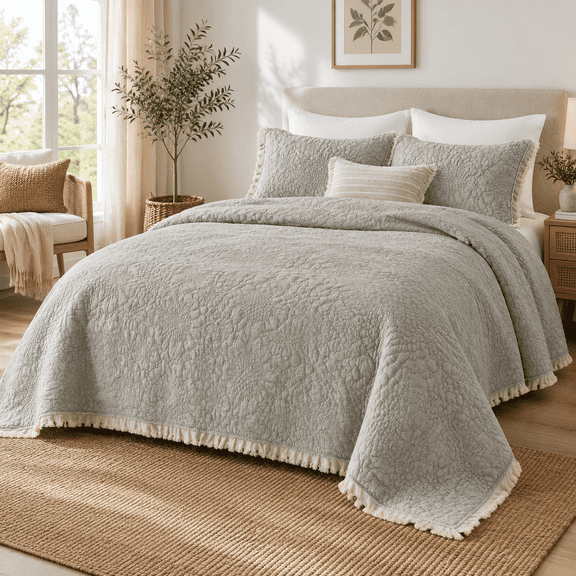 Beige Ruffled Quilt King Size Stone-washedfiber Lightweight Crinkled Farmhouse Rustic Shabby Chic Bedding Set 3 Pieces Reversible