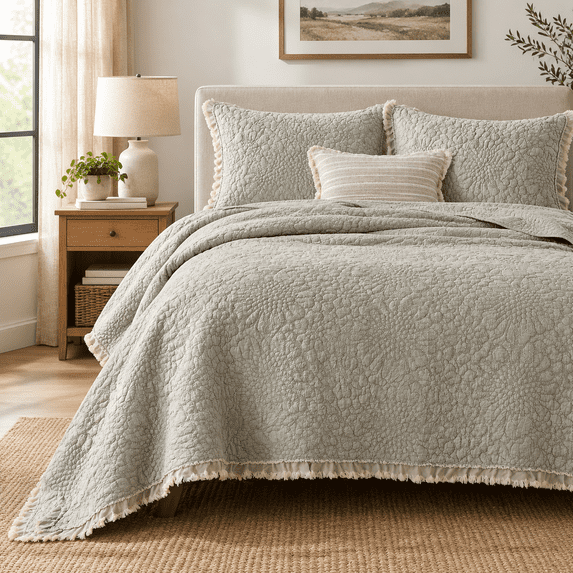 Beige Ruffled Quilt Queen Size Stone-washedfiber Lightweight Crinkled ...