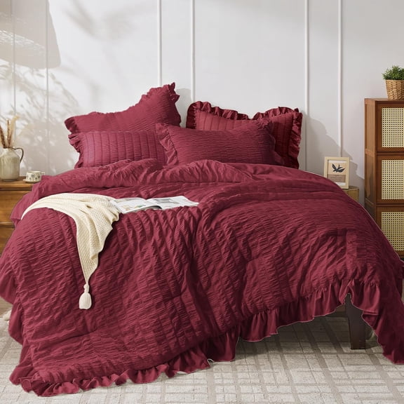 Beige Ruffled Seersucker Queen Comforter Set 3 Piece Lightweight All Season