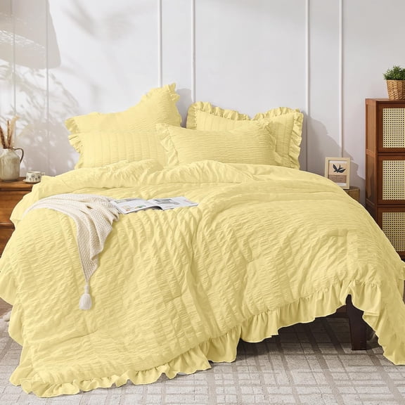 Beige Ruffled Seersucker Queen Comforter Set 3 Piece Lightweight All Season