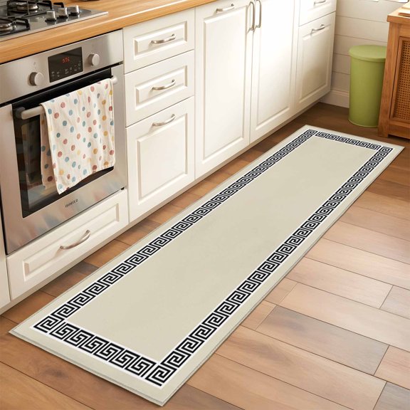 Beige Runner Rug for Hallway 2x6ft, Greek Chinese Style Border Geometric Non Slip Floor Mat Washable Low-Profile Indoor Carpet for Living Room, Bedroom, Dining Room