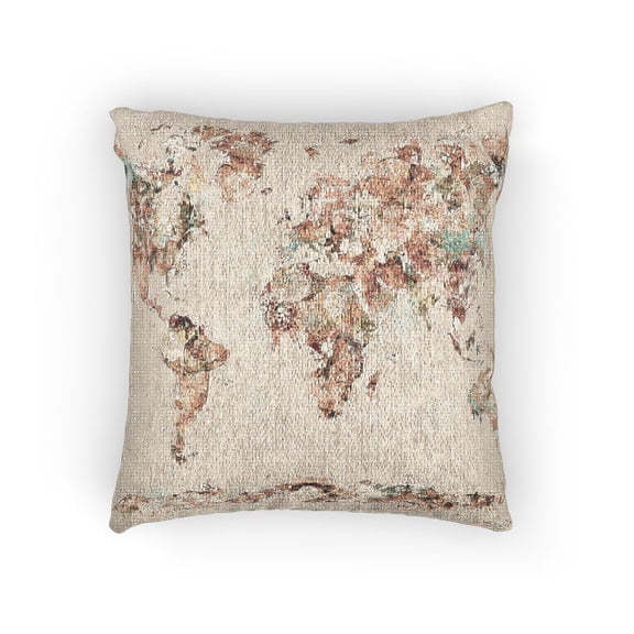 Beige, Rust and Muted Sage Watercolor World Map Woven Pillow, Cotton-Polyester Shell, Global Travel Decor