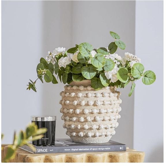 Beige Rustic Farmhouse Vase, 6.6 Inch Textured Boho Vase for Home Decor, Cement Decorative Flower Vases with Rope Knots for Living Room, Table Centerpiece, Shelf, Mantel Decoration