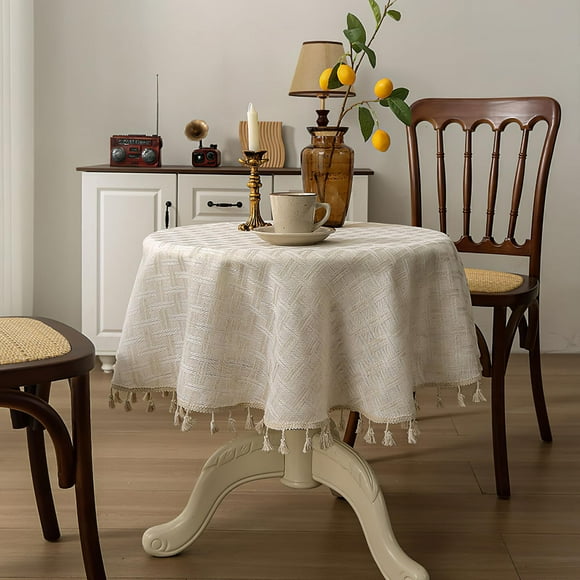 Beige Rustic Tablecloth Rectangle Woven Hemp Table Cloths with Tassels Farmhouse Burlap Linen Texture Table Cover for Party, Picnic, Kitchen, Dining Room, 140*140cm