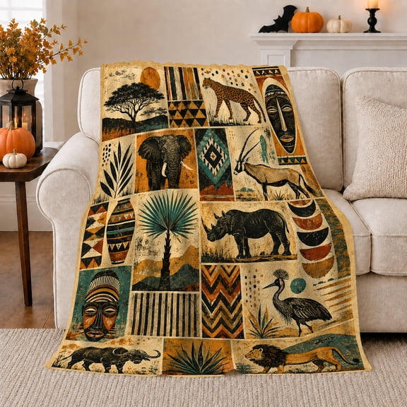 Beige Safari Wildlife Panel Scene, Rustic Vintage Geometric Style for Animal Lovers, Parchment Animal Grid Theme and Birthday Gift, Warm Flannel Blanket for Bedroom Living Room, Home Decor