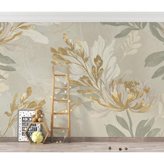 Neutral Floral Botanical Peel and Stick Wallpaper Mural, Removable Beige Sage Nursery Wall Mural for Nursery Kids Room Bedroom, Boho Wall Decor
