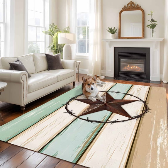 Beige Sage Green Texas Star Area Rug 5x7 FT, Non Slip Bedroom Throw Carpet, Vintage Stars Wooden Washable Soft Floor Carpet Non-Shedding Rug for Dining Room Bedside Classroom Desk