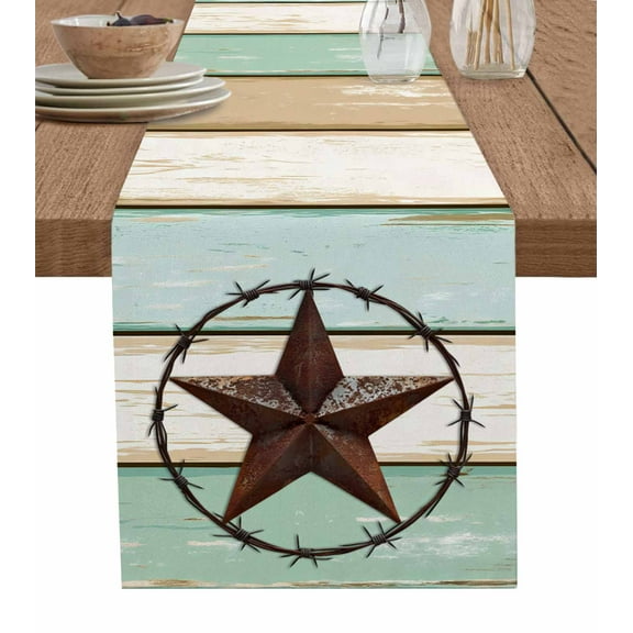 Beige Sage Green Texas Star Burlap Cotton Table Runner 18x72 Inches Long, Vintage Stars Wooden Farmhouse Table Runners, Outdoor Dining Tablecloths Decor for Baby Shower/Party/Wedding