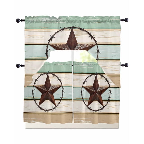 Beige Sage Green Texas Star Kitchen Curtains Swag Valance and Tier Curtains Set 36 Inch Length, Vintage Stars Wooden Rod Pocket Drape Panels Pair Swag Curtain for Bathroom/Cafe/Window