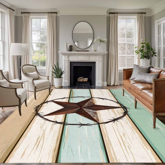 Beige Sage Green Texas Star Large Area Rug 8x10 FT, Non Slip Living Room Throw Carpet, Vintage Stars Wooden Washable Soft Indoor Outdoor Carpet Non-Shedding Rug for Bedroom Dining Room