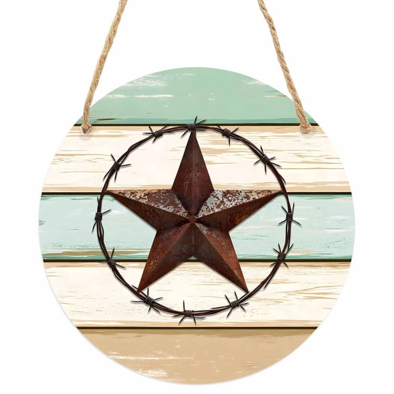 Beige Sage Green Texas Star Round Front Door Welcome Sign, 7.8 Inch Wall Hanging Decor for Indoor Outdoor, Vintage Stars Wooden Home Porch Hanger Decorations for Holiday Gift