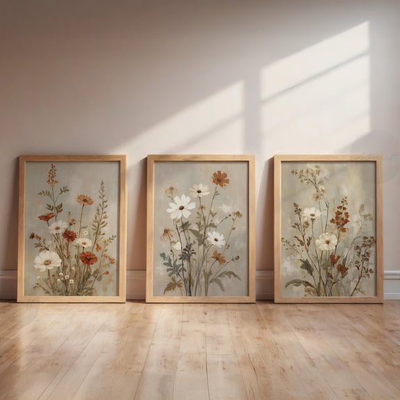 Beige Sage Terracotta Floral Prints Set Of 3, Wildflower Botanical Farmhouse Wall Art